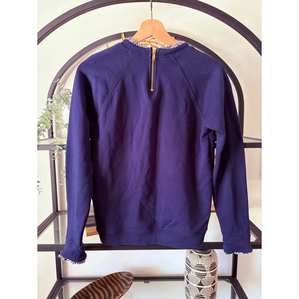 J Crew Ruffle Collar Sweatshirt Navy Blue Small Striped Trim 100% Cotton - Picture 3 of 4